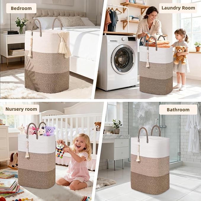 Woven Laundry Basket for Clothes,65 L Large Rectangle Laundry Hampers with Beads Tassel, Nursery Storage Basket for Toys, Tall Dirty Clothes Hamper for Bedroom Aesthetic, Laundry Room Organization