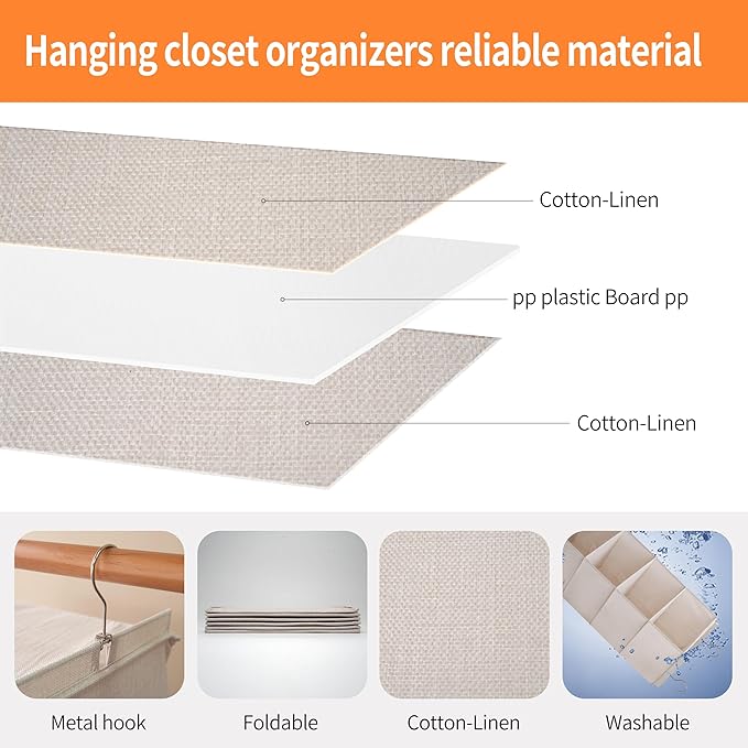 Large Hanging Sweater Organizer for Closet,Collapsible 6-Shelf Hanging Closet Shelves with Drawers, Washable (Beige -2 d)