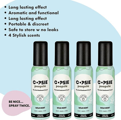 OOPSIE POOPSIE - Wild Mint - Before & After You Go Toilet Spray 2oz - Portable Odor Eliminator - 4 Pack