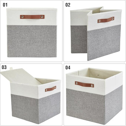 Collapsible Fabric Storage Cube Bins with 2 Reinforced PU Handles, Foldable Storage Organizer Baskets for Closet, Shelves, Living Room | 11"x11"x11", 4 Pack, Gray & White