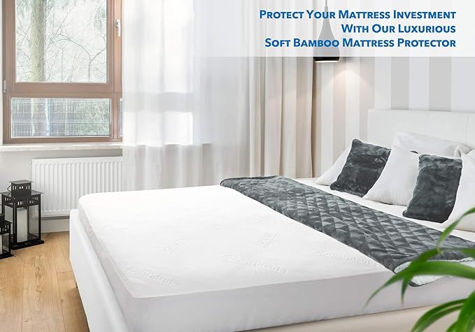 PlushDeluxe Premium Bamboo Mattress Protector – Twin Size, Waterproof, & Ultra Soft Breathable Noiseless Washable Bed Mattress Cover for Comfort & Protection - White