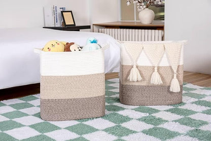 Tall Storage Bins for Clothes Fabric Cotton Rope Storage Baskets with Handles, Decorative Woven Basket for Living Room,Closet Organizer Blankets, and 2bags (Gradient Brown, L16×W11.4×H15.9)