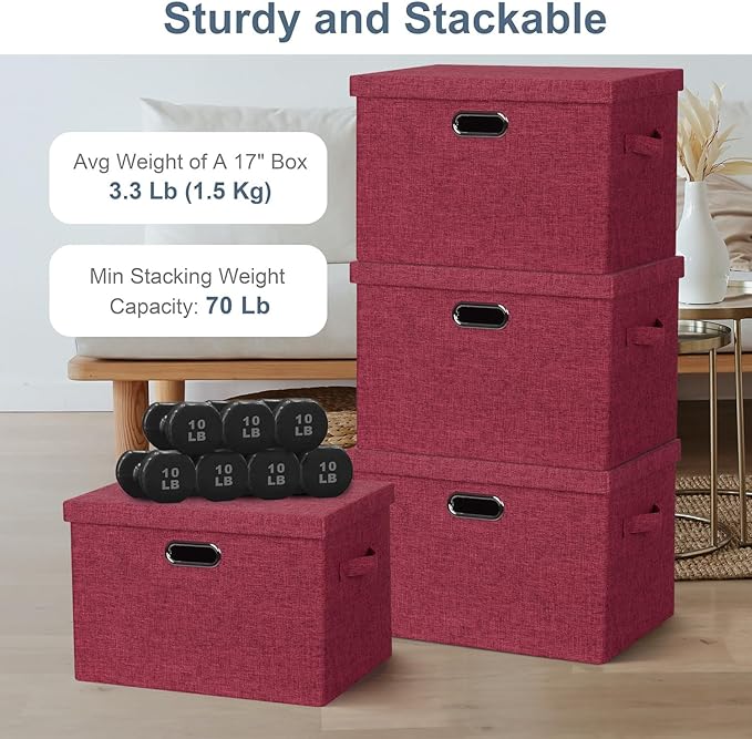 Large 17" 36 Quart Collapsible Stackable Storage Bins with Lids, 3 Packs Bright Red Linen Fabric Closet Boxes with Lids, Storage Cube Baskets Container Organizers for Office (17x12x11)