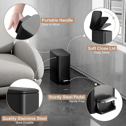 Small Trash Can with Lid Soft-Close, 6 L/1.6 Gal Bathroom Garbage Can with Removable Inner Bucket, Step Pedal, Stainless Steel Wastebasket for Kitchen, Bathroom, Bedroom, Office, Matt Black