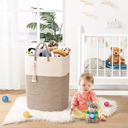 Woven Laundry Basket for Clothes, 100L Large Rectangle Laundry Hampers with Beads Tassel, Nursery Storage Basket for Toys, Tall Dirty Clothes Hamper for Bedroom Aesthetic, Laundry Room Organization