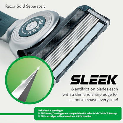 DORCO SLEEK Six Blade Razor System with Multi-Flex Technology Refill Set, Precision Shaving Razor Replacement Cartridge (8 Pack)