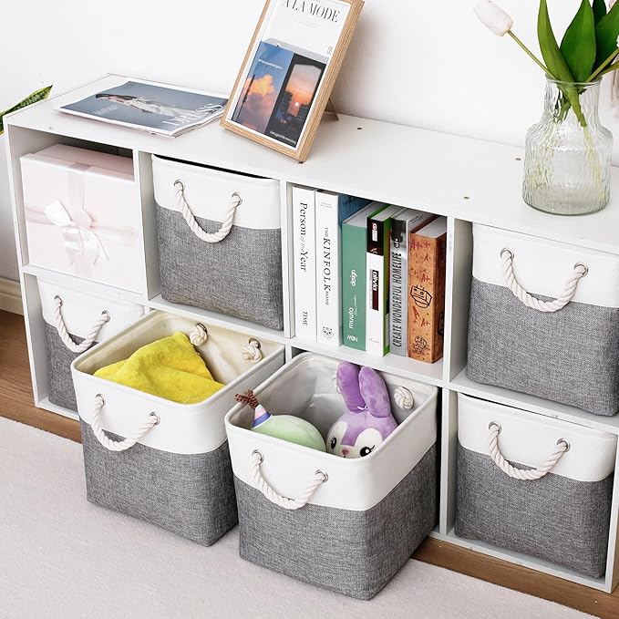 11 x 11 Inch Storage Cubes, 6 Pack Large Collapsible Fabric Storage Bin with Ropes, Foldable Storage Cubes for Home, Office,Closet, Clothes, Toys Organizer (White&Gray)