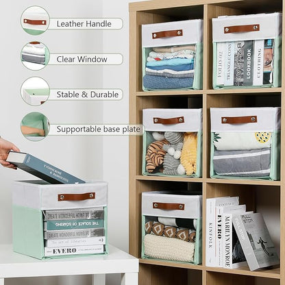HNZIGE Clear Storage Cubes Bins 11 x 11, Fabric Storage Cube Bins for Storage Organizer,Shelf Storage Bin for Organizing, Cubby Foldable Cube Organizer Bin for Storage Blanket Home(White Green 6PCS)