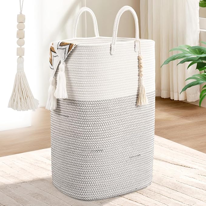 Woven Laundry Basket for Clothes, 80L Large Rectangle Laundry Hampers with Beads Tassel, Nursery Storage Basket for Toys, Tall Dirty Clothes Hamper for Bedroom Aesthetic, Laundry Room Organization