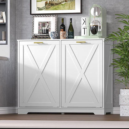 Tilt Out Trash Can Cabinet for 2 Bins, Hidden Recycle Garbage Bin Enclosure, Wooden Double Laundry Cabinet with Odor Control, Negative Ion & Ozone, for Kitchen, Bathroom, Laundry Room