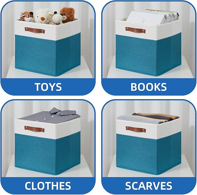 Temary Cube Storage Bins Storage Cube Bins for Home, 4 Pack Fabric Storage Bins for Organization, Storage Cubes 13x13 Cube Baskets with Leather Handles (White&Teal)