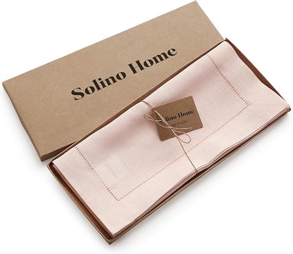 Solino Home Linen Pink Table Runner 48 Inches - Classic Hemstitch, 100% Pure Linen Coffee Table Runner 14 x 48 Inch Ideal for Dresser Tables - Christmas