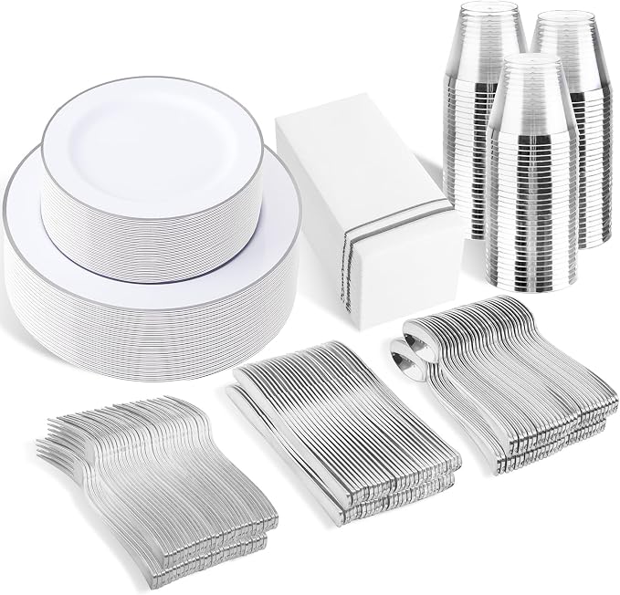 SUT 350 Piece Silver and White Plastic Dinnerware Set