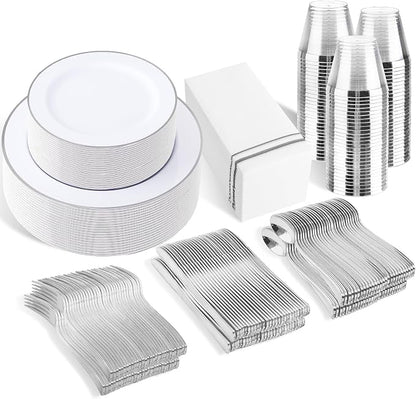 SUT 350 Piece Silver and White Plastic Dinnerware Set