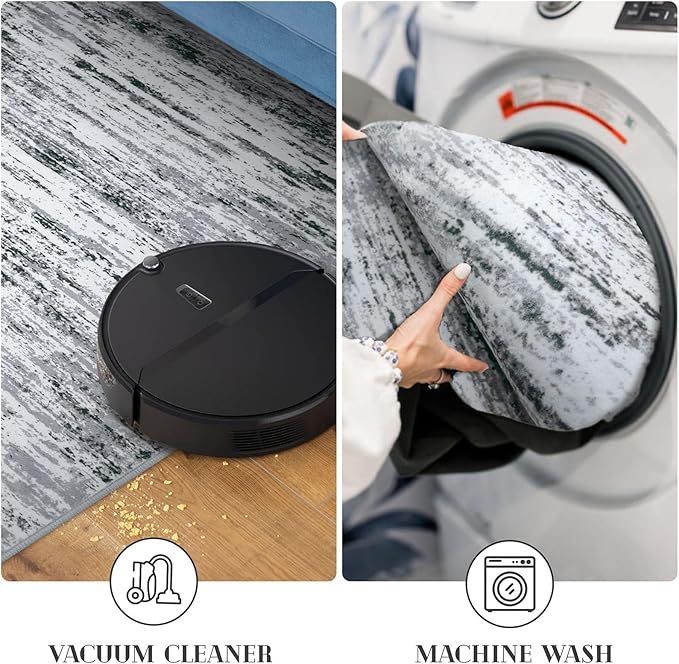 Modern Abstract Runner Rug 2.6x10, Black Grey White Washable Long Kitchen Runner Non-Slip Soft Hallway Rug Runner Thin Print Faux Wool Carpet for Entryway Bedroom Laundry Room Indoor Home Decor
