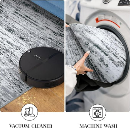 Modern Abstract Runner Rug 2.6x10, Black Grey White Washable Long Kitchen Runner Non-Slip Soft Hallway Rug Runner Thin Print Faux Wool Carpet for Entryway Bedroom Laundry Room Indoor Home Decor