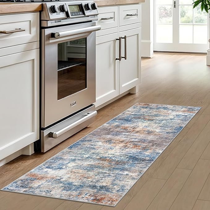 IOHOUZE Abstract Runner Rug 2x6 Ft Washable Runners for Hallways, Non Slip Kitchen Runner Printed Faux Wool Entryway Runner Indoor, Modern Abstract Floor Carpet for Hall Bedroom, Blue Rust