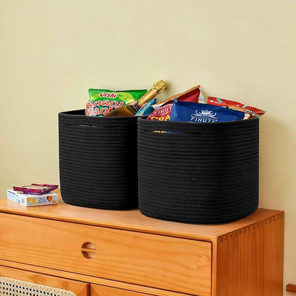 3 Pack Storage Cubes 11 Inch Cotton Rope Woven Baskets for Organizing Cube Bin Square Shelves Organizer,Classroom,Kids Toy Bins,Closet,Baby Nursery(Black)
