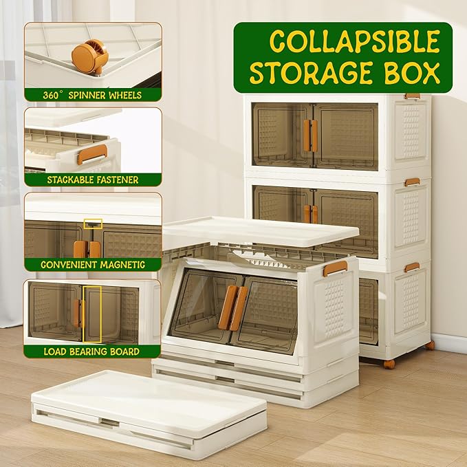 3 Tier Extra Large Stackable Storage Bins with 1 Lid 155 QT/Tier, Collapsible Plastic Box Storage Bin with Wheels, Home Containers Boxes Closet Organizers forLiving Room, Office, Dorm