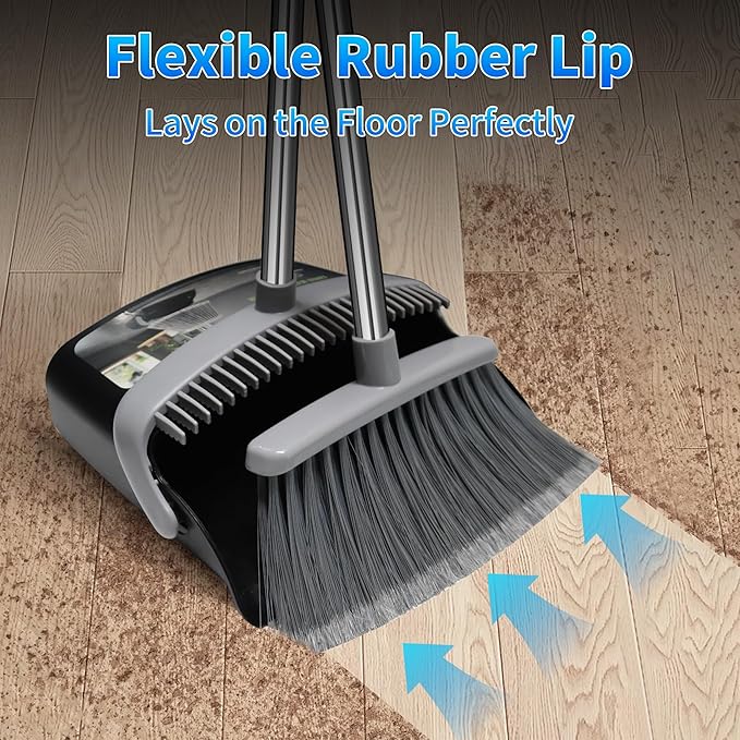 Broom with Dustpan Combo Set Broom and Dustpan Set Dust Pan with 51.2" Stainless Steel Long Handle, Brooms with 5-Layer Plus Firm and Soft Bristles Combine, New Home Apartment Office Essentials
