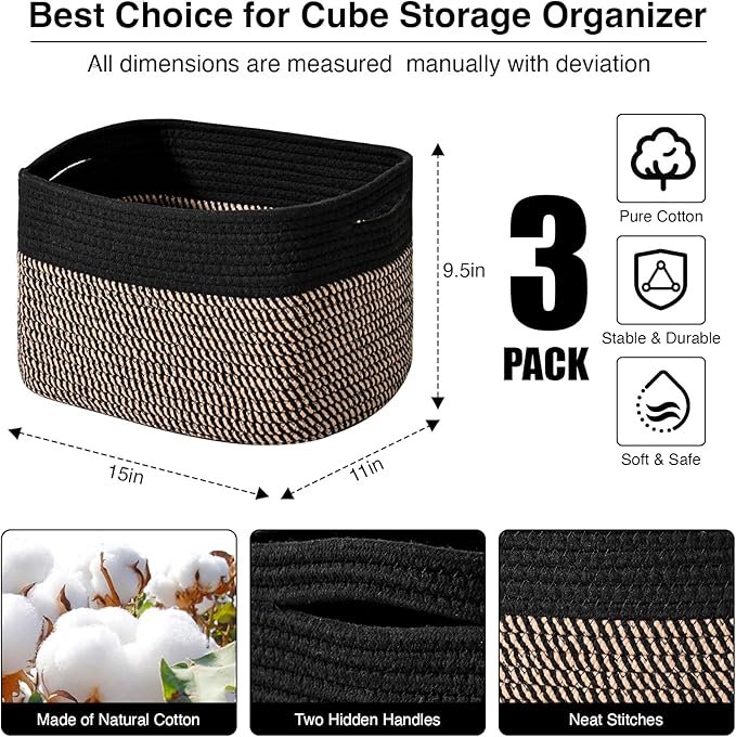 Storage Baskets for Organizing Shelves, Toy Basket for Kid's Room, Woven Cotton Rope Basket for Decor, Organizing Baskets for Bedroom Living Room, 15"x11"x9.5", 3 Packs, Black & Jute