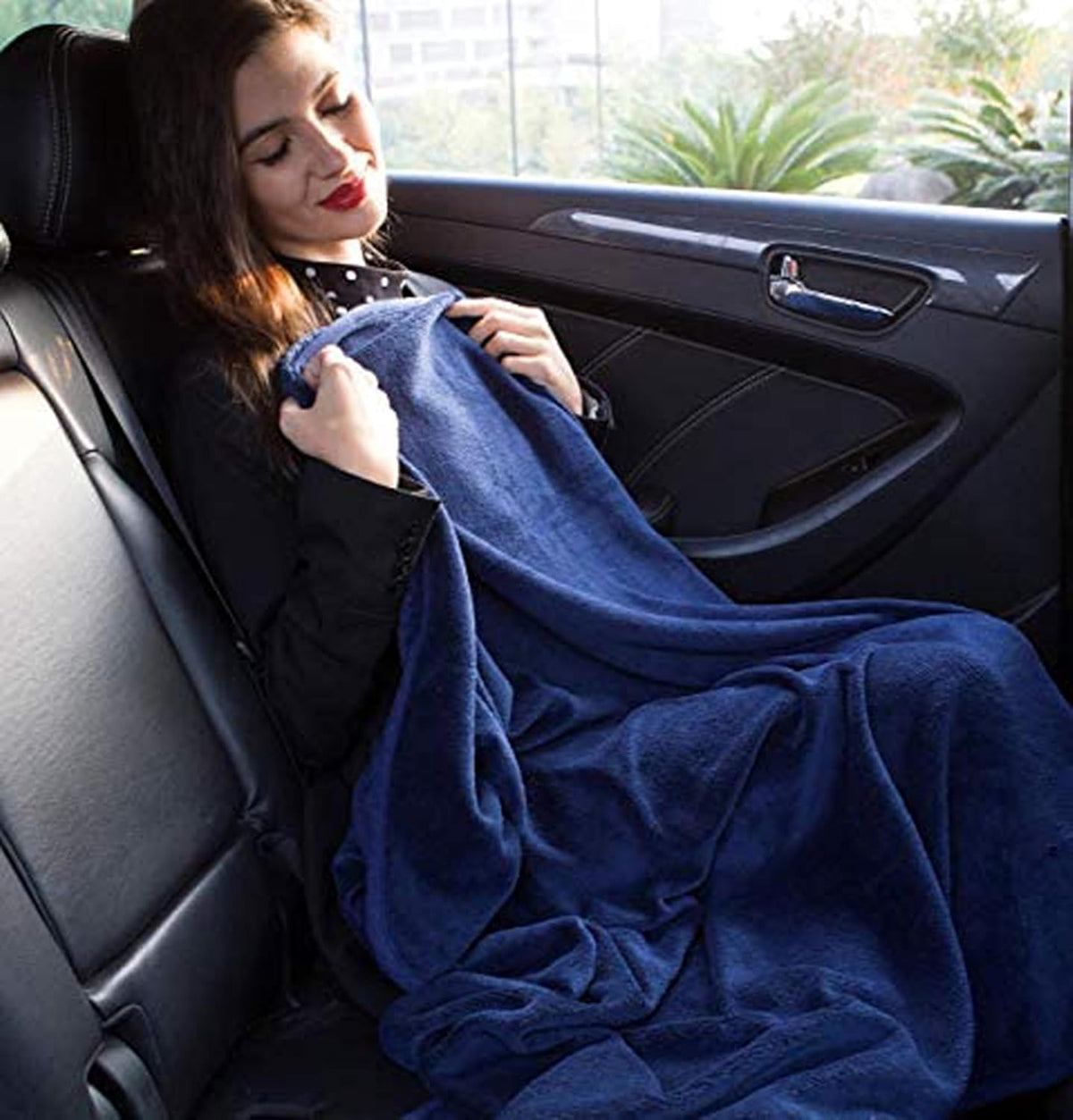 BlueHills Premium Soft Long Travel Blanket Pillow for Tall Airplane Flight Blanket Throw Luggage Belt & Backpack Clip Compact Packable Car Large 2 in 1 Combo Warm Gifts Navy Blue T051