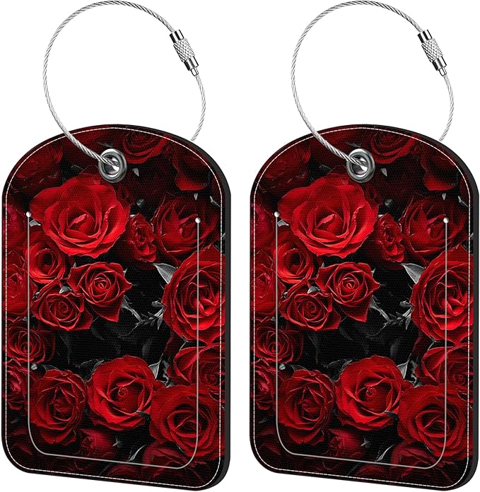 2 Pack Cute Luggage Tag for Suitcases Dark Red Roses Leather Luggage Tags with Stainless Steel Loop Privacy Flap Name Tags,Men and Women Travel Bag Suitcase Tags