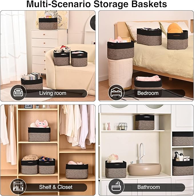 Storage Baskets for Shelves Organizing, Woven Cotton Rope Baskets for Storage, Book Basket, Decorative Shelf Basket, 12.5"Lx9.1''Wx7.9''H (4 Packs) Black & Jute