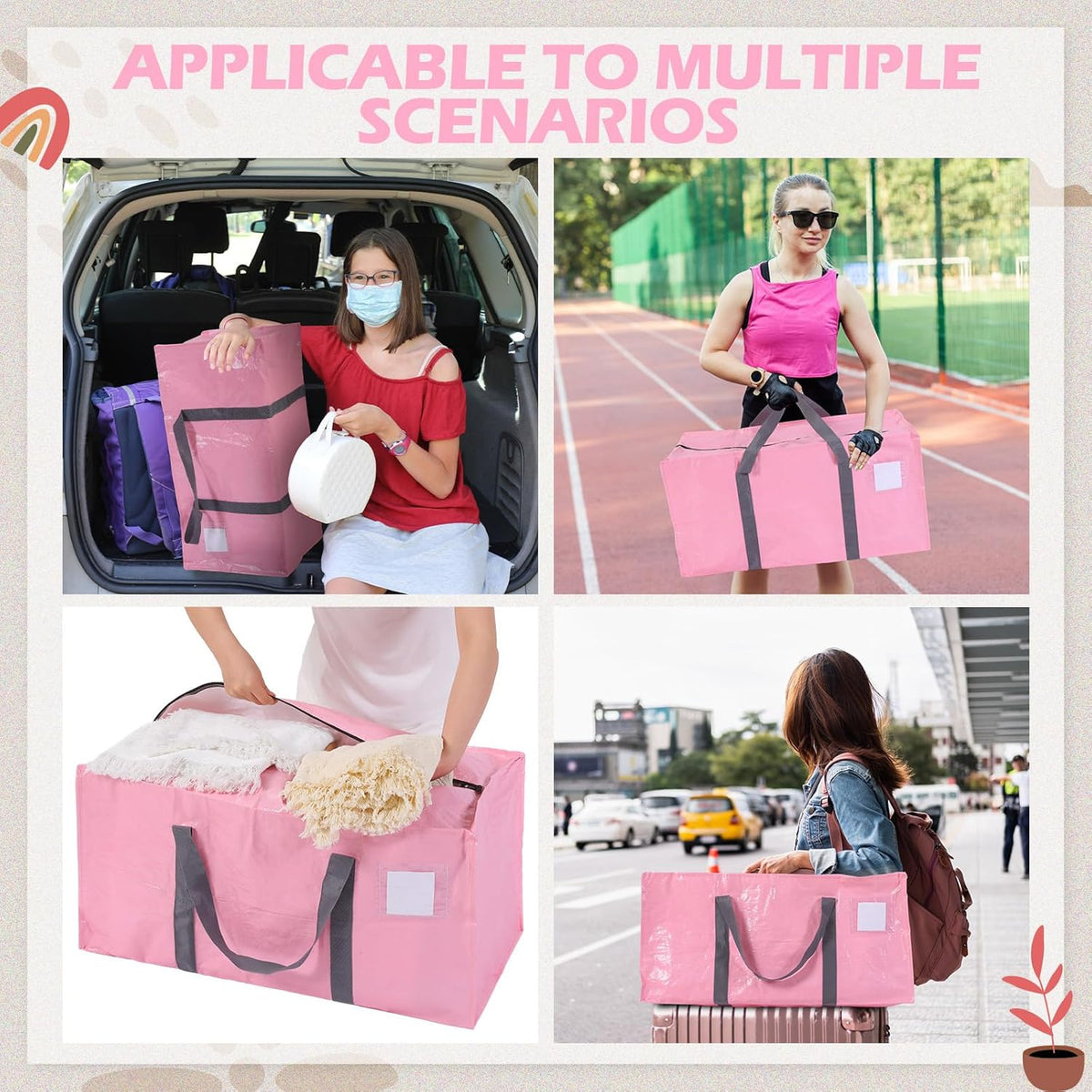 8 Pack Extra Large Moving Bags Heavy Duty Packing Bags with Extra Long Handles and Zippers Storage Totes for College Students Room Dorm Essentials Packing Supplies(Pink)