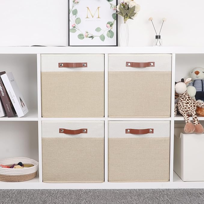 Temary Cube Storage Bins 13 Inch Fabric Storage Cubes Storage Baskets for Shelves Closet Baskets for Cube Storage with Leather Handles, Cloth Organizer Bins for Home