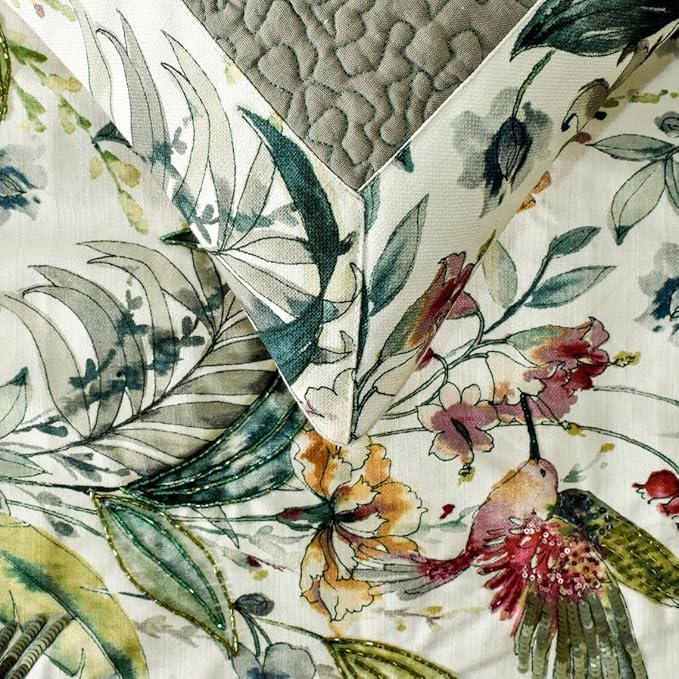 The HomeCentric King Queen Twin Ivory & Multi Designer Full 68"x18" Bed Runner with Pillow Cover, Bird, Sequins & Beaded Bed Scarf on Cotton Fabric - Exotic Birds