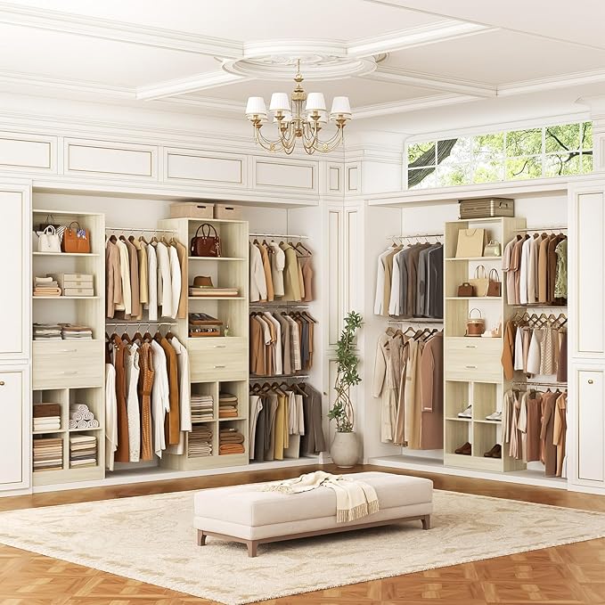 Closet System, 4-8 FT Closet Organizer Tower with 2 Wooden Drawers and Shelves, Can Fit 60 to 96 inch Walk-in Closet System with 5 Hang Rods, Built-in, Greige Oak