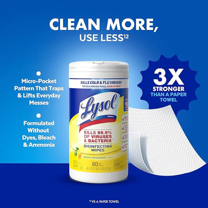 Lysol Disinfectant Wipes Bundle, Dorm Room Essentials, Multi-Surface Cleaning Wipes, For Disinfecting & Cleaning, Lemon & Lime Blossom, Crisp Linen, Mango & Hibiscus, 3x80 ct