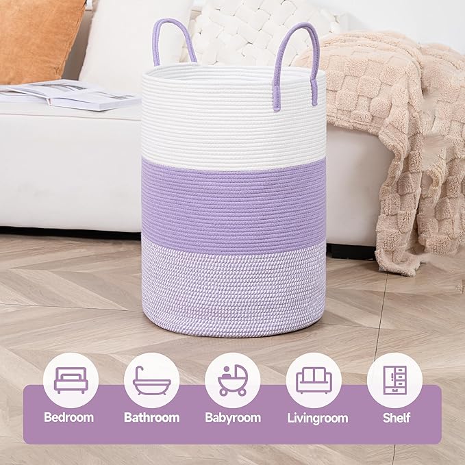 CLHMILY&Z 80L Laundry Basket Round Storage Rope Basket - 16.5x22.5 Inches - Lavender Hamper in Bedreoom and Cute Storage Bin for Blankets, Toys, and Nursery Essentials