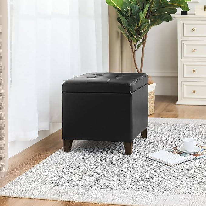 Adeco Faux Leather Storage Ottoman Bench with Solid Wood Legs, 17.7" Square Black PU Cube Foot Stool, Upholstered Button Tufted Vanity Chair with Hinged Lid for Living Room, Bedroom, Dorm