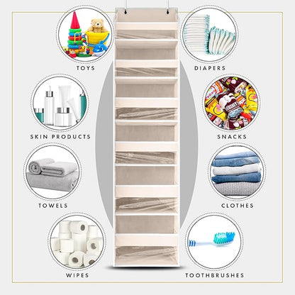 HOMELUX THEORY 2 PC Heavy Duty Over the Door Organizer 55x14x6.7, 6 Large Front & 12 Side Pockets, Hanging Storage Closet Door Organizer for Bedroom, Bathroom and Baby Nursery Storage (Ivory)