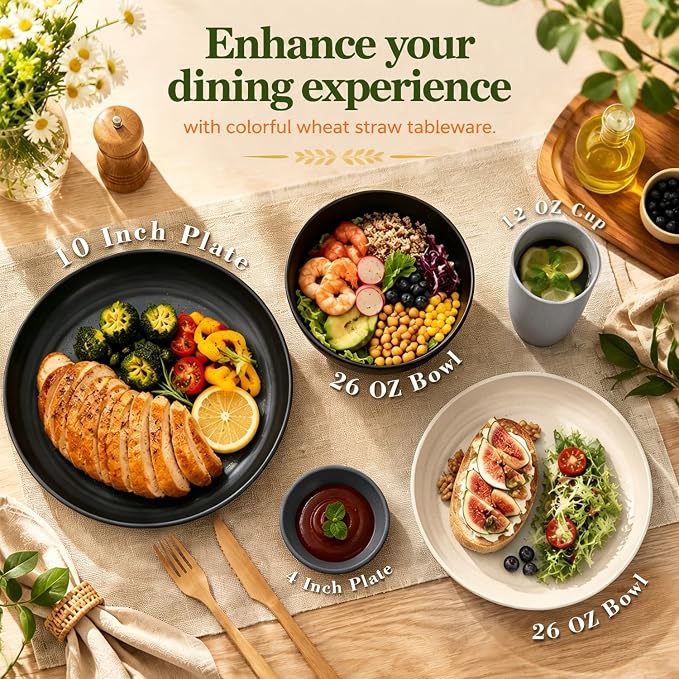 Kitchen Plates and Bowls Sets 40PCS, Wheat Straw Dinnerware Sets
