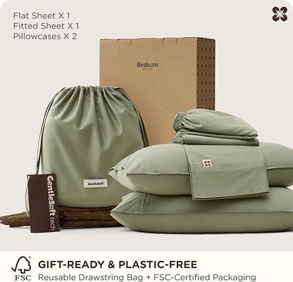 Bedsure Cooling Sheets, Rayon Derived from Bamboo & Cotton Blend, GentleSoft, Breathable, Queen Sheet Set, Deep Pocket Up to 18 Inches, Hotel Luxury Bedding for Hot Sleepers, Tea Green