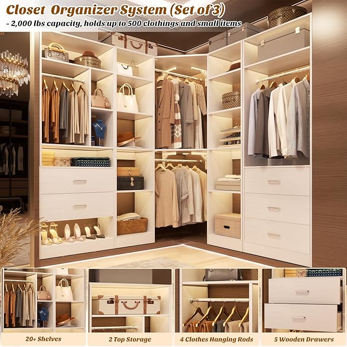 Corner Closet System with 5 Drawers, Closet Organizer System with 15+Shelvess & 4 Hanging Rods, 63.2"L * 63.2"W / 87.2"L * 39.2"W Reversible L Shaped Walk-in Closets, Load 2500+LBS, White