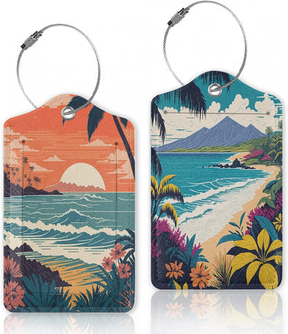 2 Pcs Luggage Tags for Suitcase,Tropical Palm Ocean Landscape Vintage Luggage Tag Name Id Labels with Privacy Cover for Travel Backpack Women Men