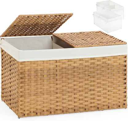 Storage Basket with Lid Wicker Baskets for Storage with 2 Separate Lid 42.3 Gallon (160 L) 29.9 x 17.3 x 18.1 Inches Rattan Woven Large Wicker Basket with 2 Liners for Bedroom Laundry Natural