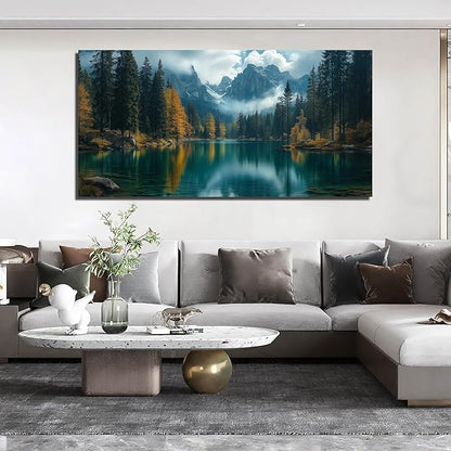 GUGIKA Landscape Wall Art for Living Room, Blue Mountain and Lake Wall-Decor for Bedroom, Modern Scenery Poster Canvas Print, Size 59 x 29 Inches