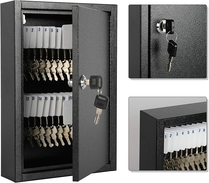 KYODOLED Key Storage Lock Box Wall Mount, Locking 40 Key Cabinet Holder Box with Key Lock, Hooks & Labels, 2.5" D x 8.1" W x 12.1" H