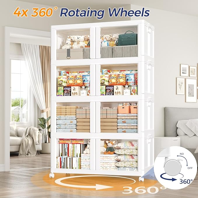 1000Qt Stackable Storage Bins with Lid and Wheel, 250Gal Plastic Closet Organizer and Storage Drawer, Large Collapsible Storages Box Cabinet with Clear Door for Home Kitchen, 5Pack White