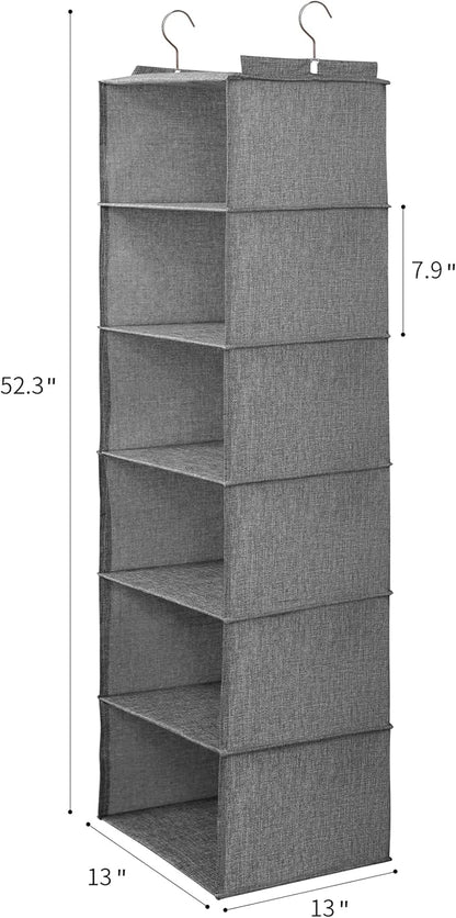 Large Hanging Sweater Organizer for Closet,Collapsible 6-Shelf Hanging Closet Shelves with Drawers, Washable (Grey-6 Shelf)