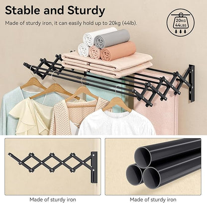 APEXCHASER Clothes Drying Rack Wall Mount, Laundry Drying Rack, Accordion Collapsible Clothes Airer, Towel Racks for Bathroom Balcony Laundry Room Wall Mounted, Drying Rack for Clothing, Black