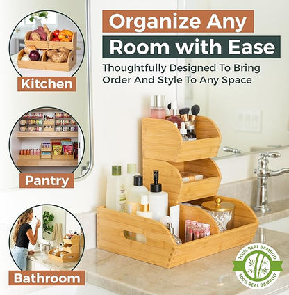 Potato and Onion Storage Bin for Pantry and Kitchen Counter - Ventilated Stackable Bamboo Organizer Baskets with Handles - Multipurpose Organization Containers for Fruit, Vegetable, Pantry - 3 Pack