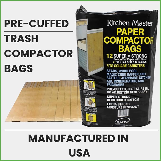 Kitchen Master Super Strong Compactor Bags (12 Pack) | Precuffed, Garbage Compactor Bags, Kitchen Liner, Paper Trash Bin Press, Kitchen Essential, Paper Garbage Press Liner