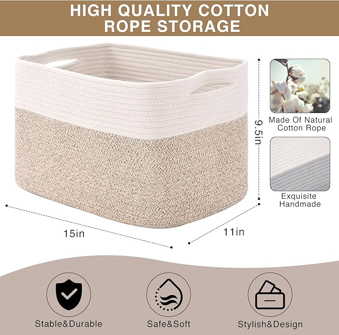 Storage Baskets for Organizing, Woven Cotton Rope Basket for Storage Books, Baby Organizing Baskets, Toy Storage Basket, 15"x11"x9.5", 3 Packs, Off White & Brown