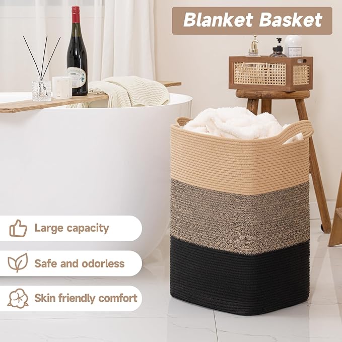 CLHMILY&Z 95L Laundry Basket Rectangular Black Jute Rope - 16x15x24 Inches - Dirty Clothes and Soft Storage Bin for Blankets, Toys, and Nursery Essentials